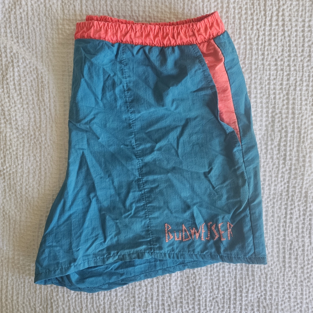 RARE VINTAGE 80s 90s Budweiser Hot Blue Pink Swim Trunks Shorts Swimsuit large